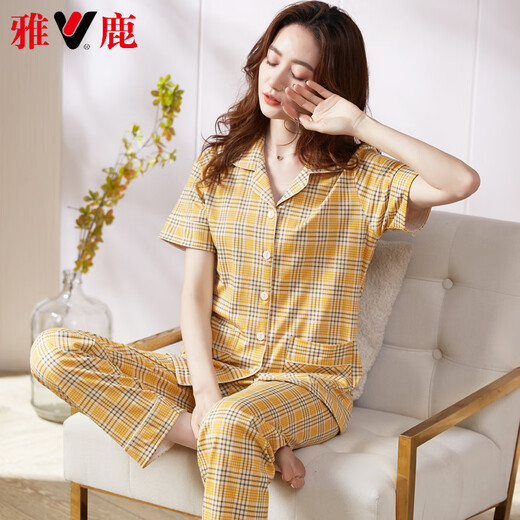 
Yalu high-end summer pajamas women's pure cotton short-sleeved trousers full-cotton thin summer summer style middle-aged mother LNY-9923 M -80-95Jin [Jin equals 0.5 kg]