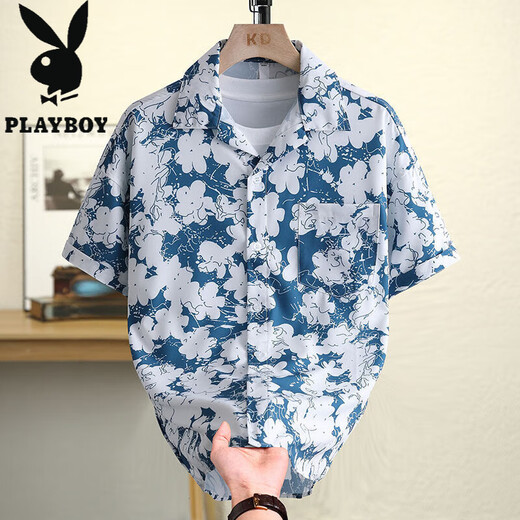 Playboy (Playboy) Hawaiian Flower Shirt Short Short Sum's Summer Ice Silk Fin Beach Couple Casual Shirt 6636 Taihu Green M