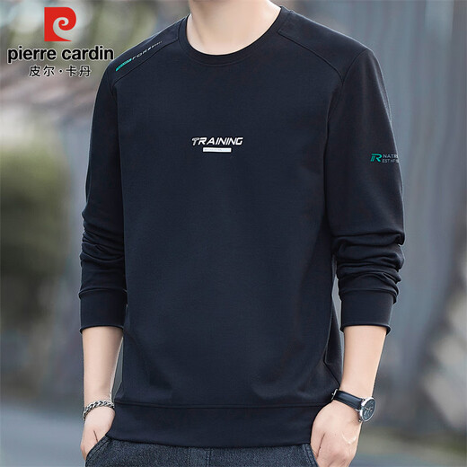 Pierre Cardin sweatshirt men's spring and autumn trendy round neck long-sleeved T-shirt men's loose casual stretch clothing men's black XL