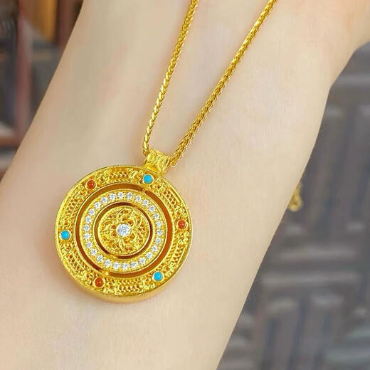 OIDSG Old Phoenix 999 Full of Blessings Compass Sand Gold Pendant Rotatable Vajra Eight Treasures Compass Non-fading Necklace Full of Blessings Compass Free Necklace