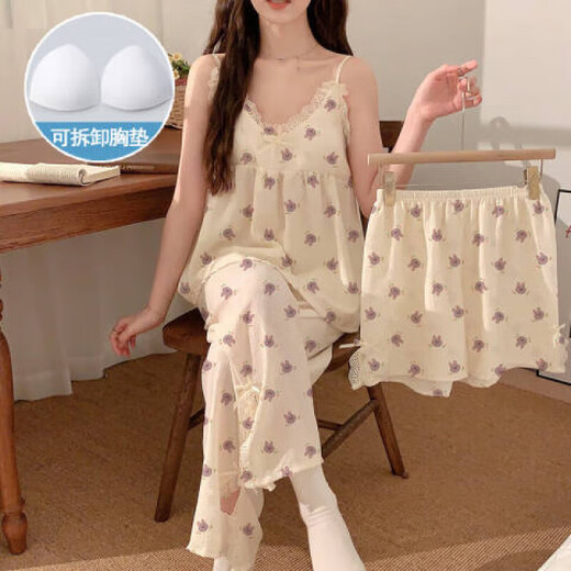 桑琴带胸垫睡衣女款夏季吊带蕾丝长裤三件套装夏天少女甜美可爱家居服 SSM-897三件套【可拆卸胸垫】 M 【75-100斤】
