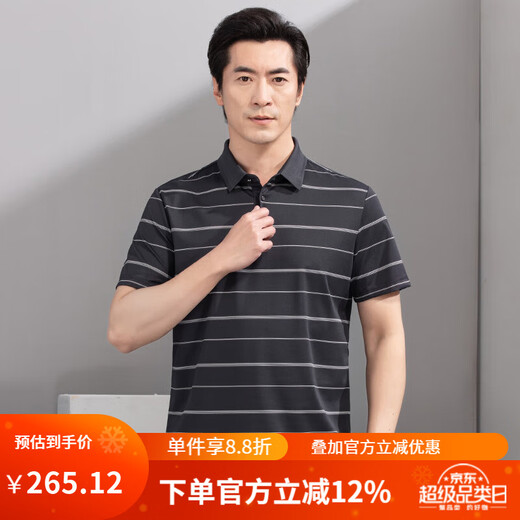 红都夏季新款男士短袖T恤商务休闲翻领簿款条纹微弹中年半袖t恤衫 灰色TA9226-1 M (170/88A)