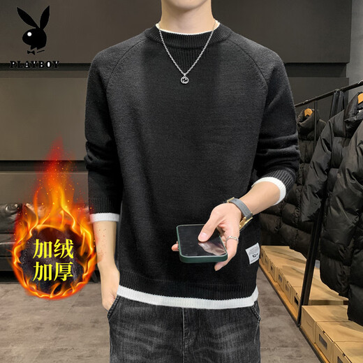 Playboy (Playboy) Runder Nackenpullover für Männer im Herbst und Winter 2025 Neues koreanisches Stil Trendy lose verdickte Frühlings- und Herbstpaar Pullover schwarzer reguläre L.
