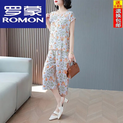ROMON Cotton silk short-sleeved suit for women's summer new large size fashion casual loose slimming outside wearing seven-point wide-leg pants two-piece set white M