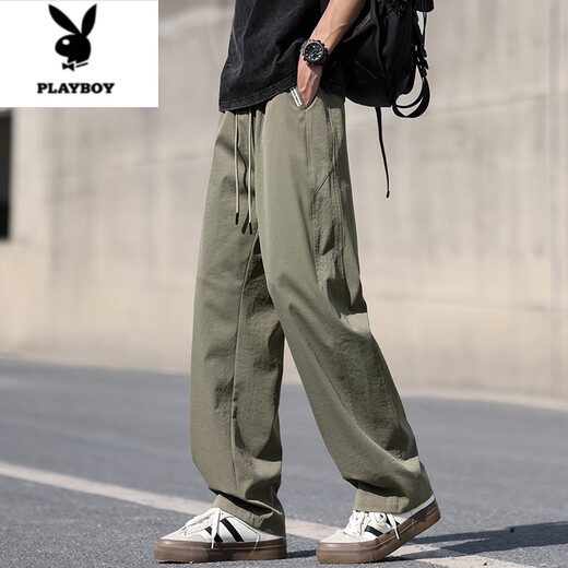 Playboy (PLAYBOY) ice silk casual pants for men summer thin quick-drying mesh breathable high street trend drawstring straight sports pants for men 6636# gray M