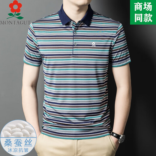 Mengtejiao Offizielles Flaggschiff für Männer mit 100 Mulberry Seide kurzärmeligte T-Shirt im mittleren Alter im mittleren Alter, der gelegentlich eishäutig ist, Striped Revers Polo Sweatshirt A829-rot M 165 Geeignet für 100-115jin [Jin gleich 0,5 kg]