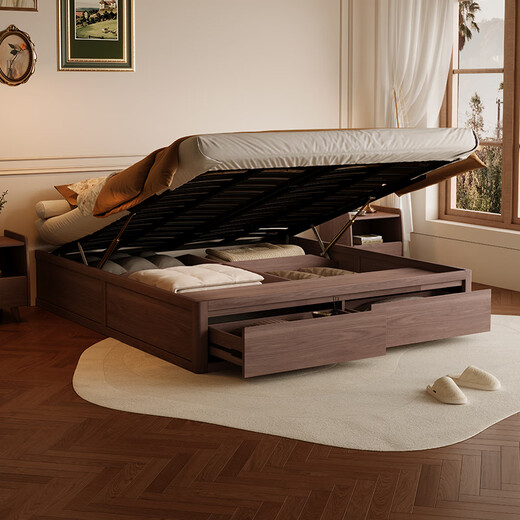 Zhenxiangjia all solid wood bed without bed head modern simple oak high box bed air pressure storage bed with drawer bed tatami walnut color | oak bed (single bed) luxury version thickened lattice frame 1.8*2.0m air pressure structure