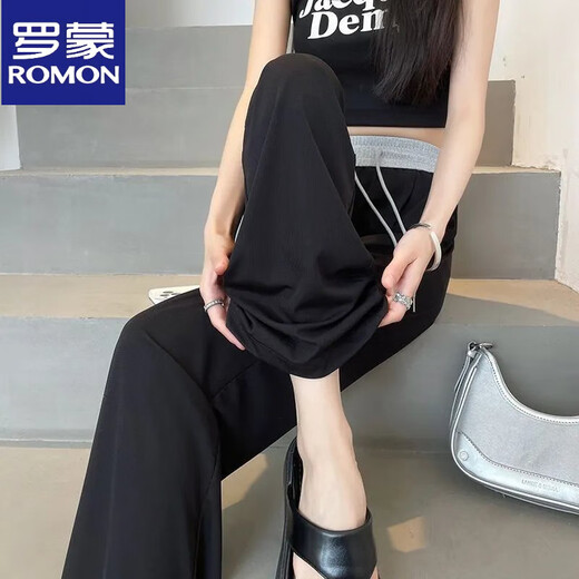 ROMON banana pants for women in casual spring and summer pants thin new high waist drooping loose small straight sporty ice silk black nine-point 4XL recommendation [145-160Jin [Jin equals 0.5 kg]]