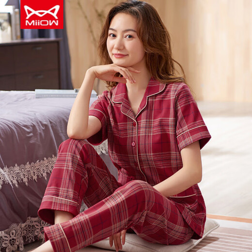Catman Miiow Pajamas Femenino de algodón de algodón de algodón de algodón de algodón de manga corta se puede usar trajes de manga corta en el exterior para ropa a cuadros de mediana edad de verano xkf9921 m 80-