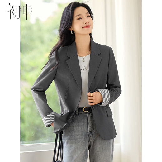 Chu Shen Spring and Autumn Blazer Women's Versatile Lapel Collar Fashion Spliced Striped Cuffs Commuting Casual Jacket S43U023