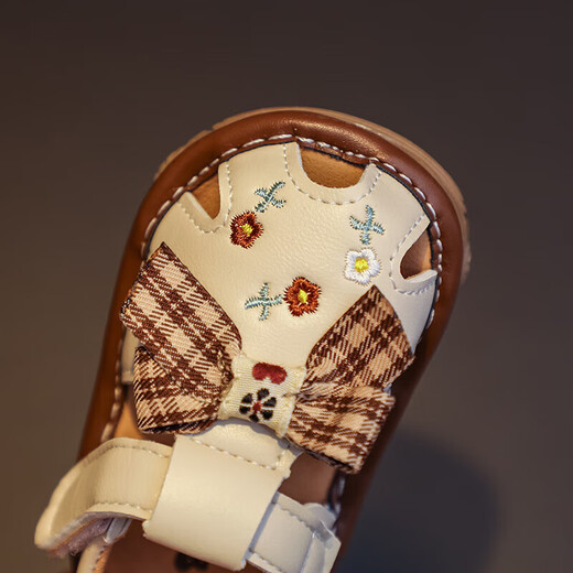 Tanbeiman baby sandals children's screaming shoes girls cute Baotou princess shoes baby bow toddler shoes non-slip summer beige size 16/inner length 11.5cm