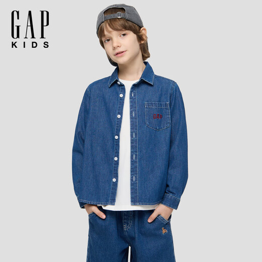 Gap, same style for both big and small children, spring style embroidered logo cotton denim shirt for boys and girls 805308, dark wash, 110 cm (4-5 years old) Asian size
