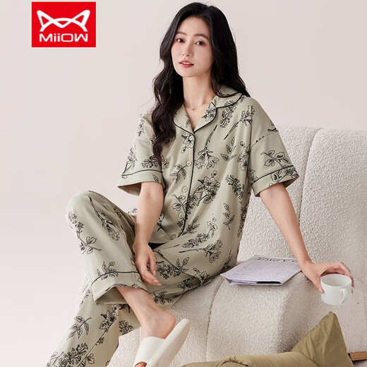 猫人（MiiOW）睡衣女士夏季纯棉短袖长裤家居服春夏天薄款开衫加大码 QNM-LMSJ-Q9929 M -【建议80斤-100斤】