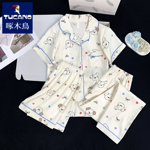 Pyjamas à trois pièces pour femmes en été 2025 NOUVELLE FEMMES minces Cloud d'été Coton Coton Colt à manches courtes à manches courtes peut être porté à l'extérieur de 9922 # Cloud Cotton Treece Set XL [115-130] Jin [Jin est égal à 0,5 kg]