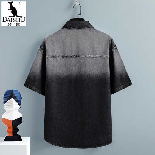 Kangaroo (Daishu) Sommer-Denim-Kurzärmel-Hemd für Männer lässig losen Verlaufsjacke dünne Fünf-Punkte-halbärmelige, vielseitige Hemd 10738-T698 Black L (ca. 110-130jin [Jin gleich 0,5 kg] kann getragen werden)