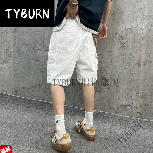 TYBURN尹小鸡 重磅水洗宽松工装大口袋白色竹节牛仔短裤五分裤男女1049 白色 M 【90-110】