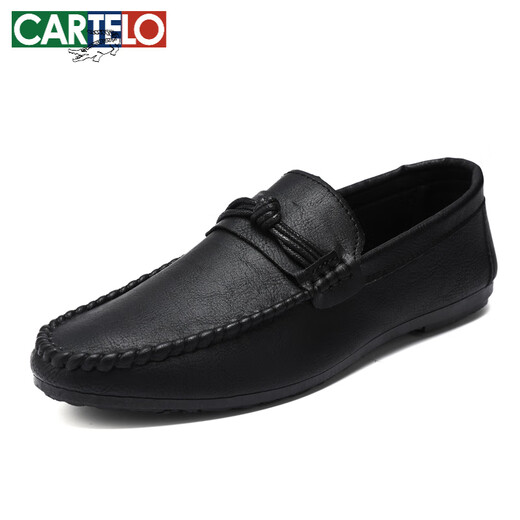 卡帝乐鳄鱼（CARTELO）男士豆豆鞋韩版商务工作休闲皮鞋透气百搭防滑一脚蹬男鞋2025夏季 D826黑色 39 偏小