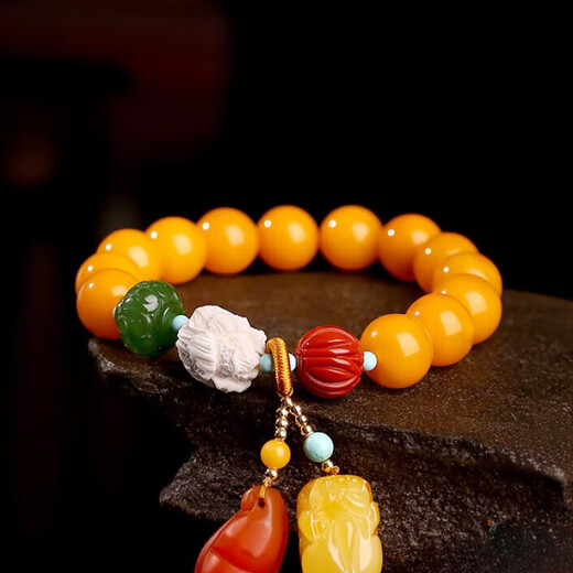 ADRIUS luxury high-end beeswax bracelet for women, yellow single circle DIY bracelet, amber small Pixiu beads 11mm, beeswax beads about 11mm, 13 pieces