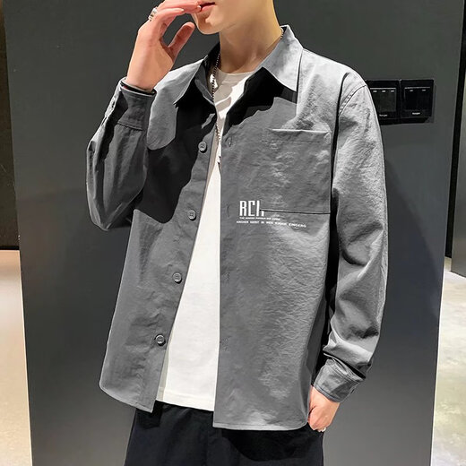 以纯 YISHION衬衫男长袖潮牌潮流宽松休闲工装衬衣男夏季薄款痞帅百搭寸衫外套 679深灰 2XL