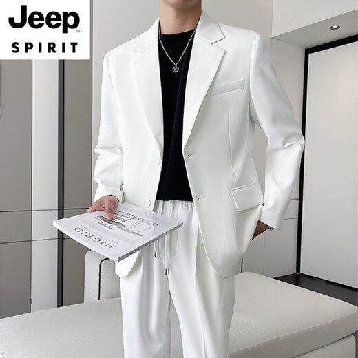 JEEP SPIRIT2025 свободный костюм, легкий мужской повседневный костюм в зрелом стиле с двумя пуговицами, чистый белый комплект из двух предметов, модный новый белый (одинарный костюм) M