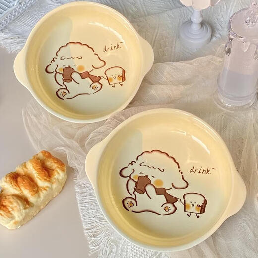 Milk fufu ceramic underglaze color double-eared bowl for one person household tableware set with spoon and chopsticks dormitory instant noodle salad bowl 4-piece set double-eared bowl + rice bowl + spoon + chopsticks