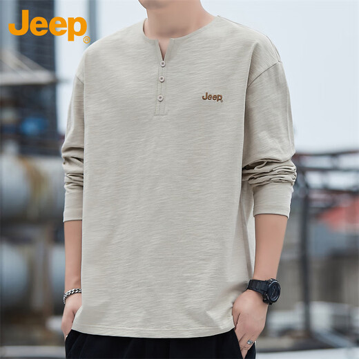 Jeep (JEEP) long-sleeved T-shirt men's autumn and winter solid color casual loose bottoming shirt trendy tops men's apricot XL