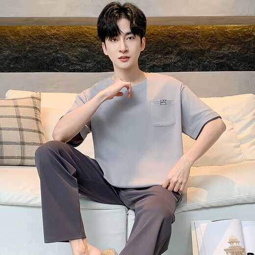 Banana Cotton Pyjamas für Männer im Sommer kurzärmelige Hose 2025 Neu einfaches Feste farbige Jungen-Sensing-Heimkleidung Set 13077 Herren-L-Männerstil