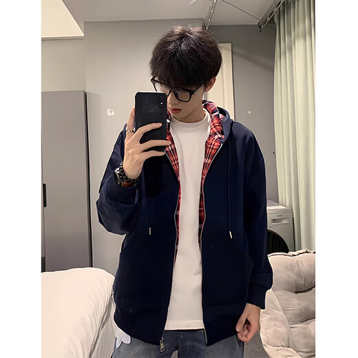Du Xiaoxian's spliced plaid hooded cardigan and sweatshirt for men for spring and autumn vacation two-piece American fashion brand heavy stiff zipper jacket white gray plus velvet L Recommended 100-120 Jin Jin equals 0.5 kg