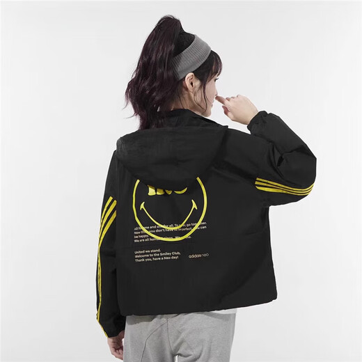 阿迪达斯 （adidas）女款休闲运动夹克宽松梭织F风连帽外套HE7953官方旗舰正品 HE7953黑黄笑脸 M