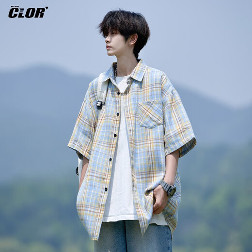 CLOR plaid short-sleeved shirt men's summer ins loose casual shirt American retro jacket CLCX10 yellow XL