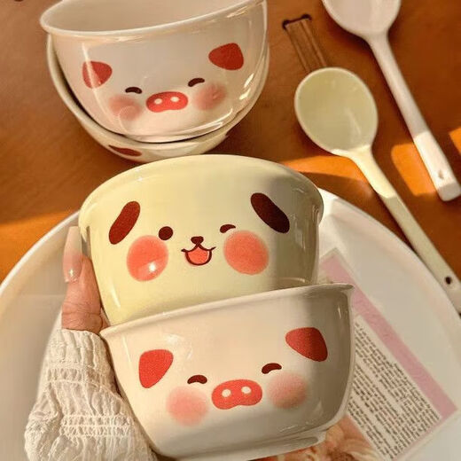 Good-looking puppy and piggy ceramic bowl cute girl rice bowl ins household underglaze color macaron tableware soup bowl pink piggy one bowl one spoon recommended model