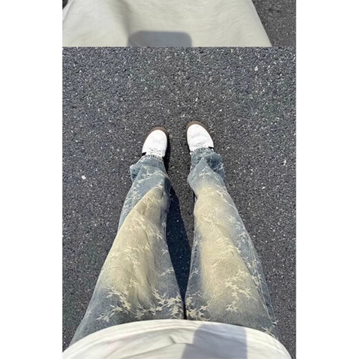 American high street jeans for men in autumn vibe jacquard trendy brand washed straight casual pants loose handsome bootcut pants light blue XL recommended 120-140Jin Jin equals 0.5 kg