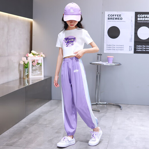 小憨鹿女童夏季新款运动套装潮流短袖宽松薄款夏装 5728渐变色+9889白色 160 cm
