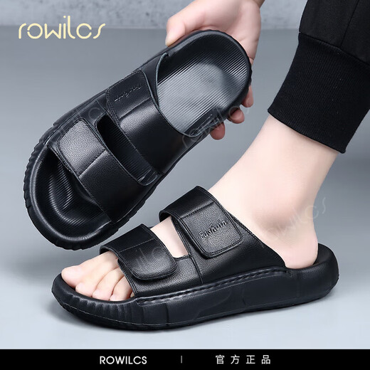 rowilcs品牌夏季拖鞋男休闲一字拖男士沙滩鞋户外百搭凉鞋黑色牛皮凉拖男 黑色【FBL0331】 38