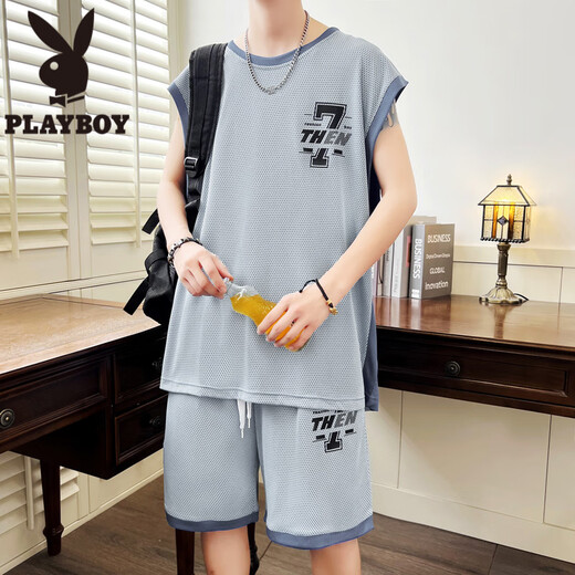 花花公子（PLAYBOY）冰丝无袖t恤男孩12-15岁青少年学生速干篮球服13大童背心运动套装 6636深灰(背心+短裤) 品质保证 3XL 160-180斤左右