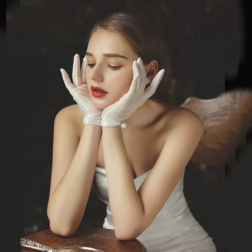 Brauthandschuhe Perle Weißer Hochzeit Satin Internet Promi Foto Pine Hochzeitsfotografie Kurzer Spitzenbogen einfach Perlenhandschuhe [1 Paar]