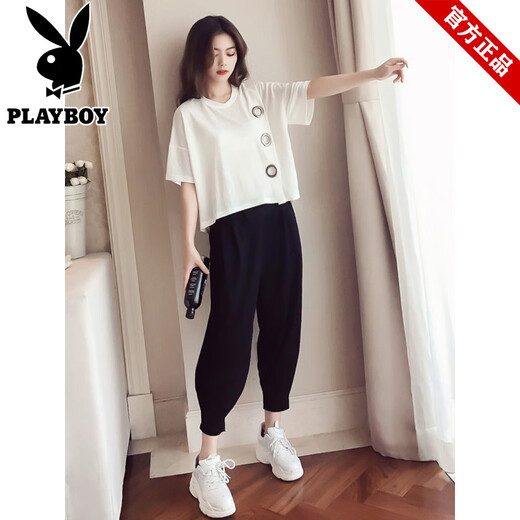 Playboy (Playboy) Pantalones de Harem Fat Mm de gran tamaño Set 2025 Spring and Summer NUEVO estilo Slimming Slimming Sports y set de dos piezas informal de dos piezas 9928 M Recomendado 80-100