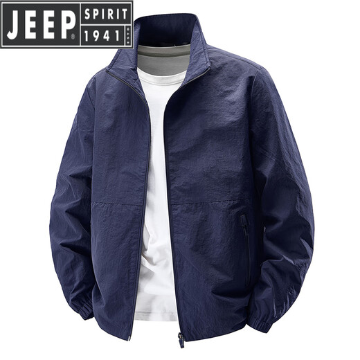 JEEP SPIRIT Spring and Autumn Stand Collar Jacket Men's Loose Casual Men's Windbreaker Thin Jacket Spring Outdoor Sports Clothing Trend Dark Blue 2XL