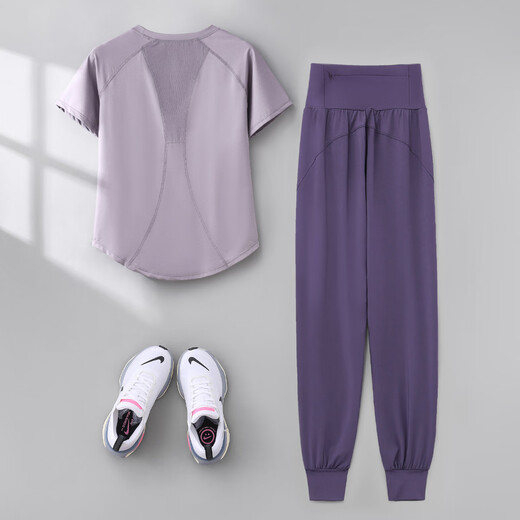 Phigeer yoga clothing suit for women 2025 summer new style quick-drying short-sleeved running fitness clothing high-end Pilates training clothing purple two-piece set (purple pants) M
