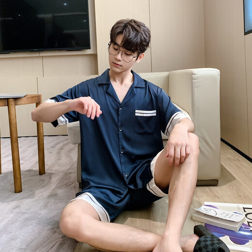 莫代尔高端新款男式睡衣夏季短袖短裤冰丝薄款凉感家居服大码套装夏天男 3899松绿 L (体重100到139)