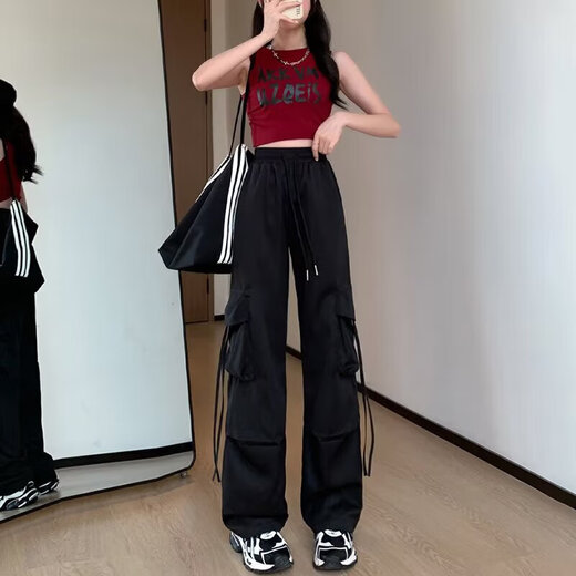 Pantalon de travail de usure de dopamine simple décontractée pour les femmes au printemps et à l'été cordon hip-hop mince-feel large pantalon de plancher