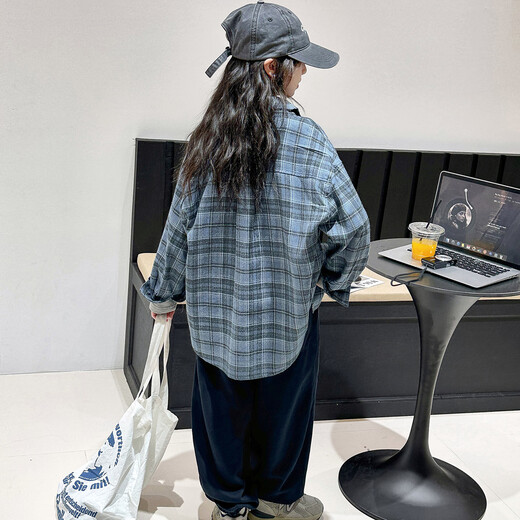 THINKPIRE Girls' Shirt Long Sleeve Children's Plaid Shirt Jacket 2026 New Girls Spring Clothes Fashionable Children's Clothes Thin Top Blue Size 150 Recommended Height 145CM