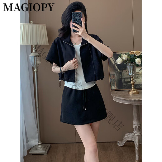 MAGIOPY国际奢侈高档品牌小个子休闲运动套装女夏季高级感黑色外搭开衫内 黑色三件套 S(100斤以内)