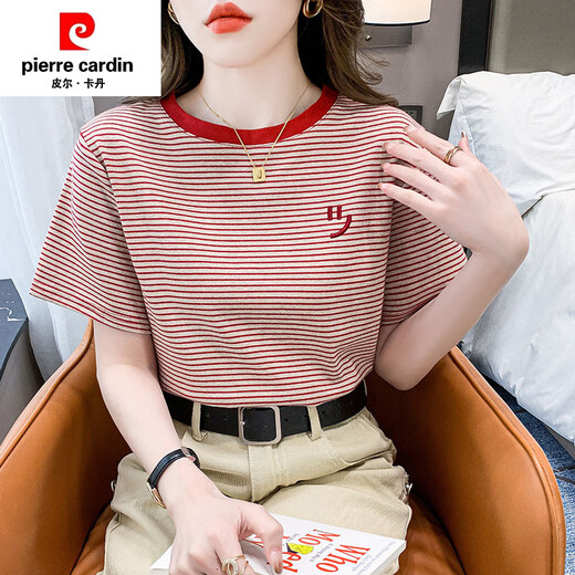 皮尔卡丹（PIERRE CARDIN）条纹短袖t恤女宽松韩版女装2025年夏季新款百搭体恤圆领半袖上衣 红色 9928 S 建议80-95斤
