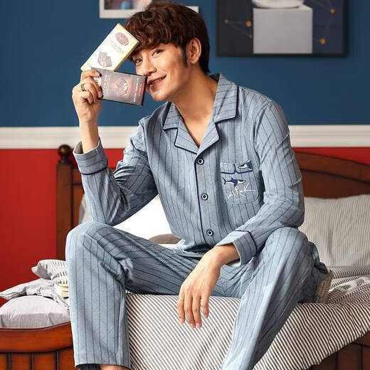 Cat Ren Nian Pajamas Men Summer Summer Spring de manga larga y otoño Estudiante de la solapa para hombres del hogar Juego de solapa de gran tamaño de gran tamaño