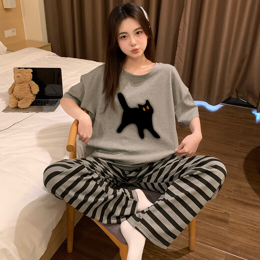 西忘睡衣女款纯棉2025新款夏季网红风休闲条纹短袖长裤套装家居服夏天 C826 卡通黑猫 XL