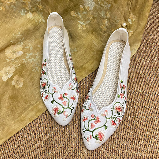 Juans Silk Spring- und Herbst Ethnische Stil bestickte Schuhe für Frauen Singles Schuhe Alte Peking -Stoffschuhe niedrige Absatzweiche Rindfleisch Sehnen Sohle gestickte Cheongsam -Schuhe Kaffee Grün 38