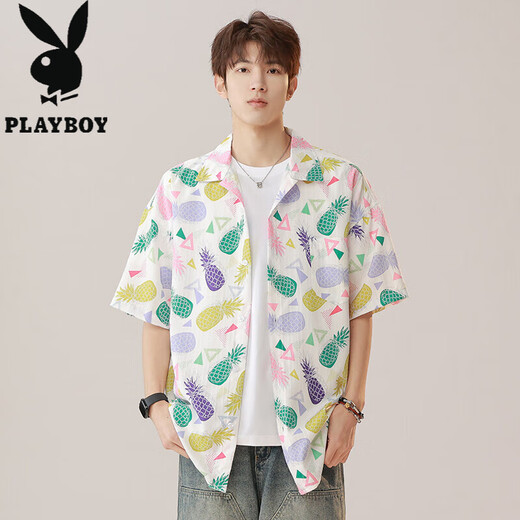 Playboy (PLAYBOY) summer new shirt men's painted dopamine beach loose short sleeve fashion trend couple T-shirt 7027 Lebanese purple M