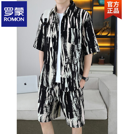 Romon (Romon) Beau chemise, costume de soie de glace d'été masculin, chemise fleurie, manches courtes, shorts, plage en deux pièces, 679 costume blanc, m 110jin [Jin est égal à 0,5 kg]