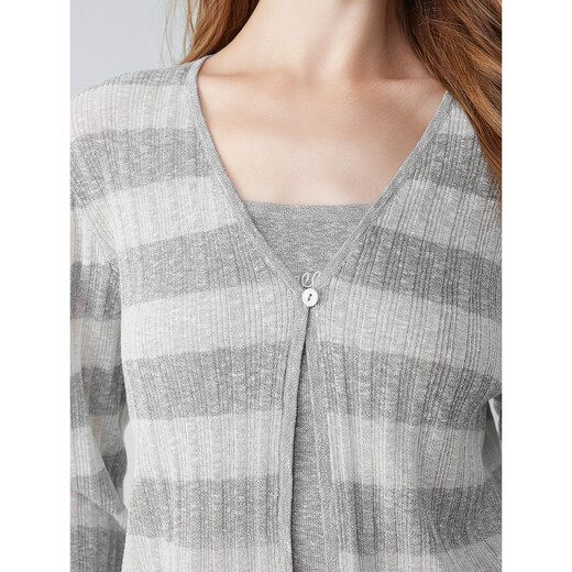 ELLE French striped elegant knitted cardigan vest two-piece set for women 2025 autumn new design suit light gray S